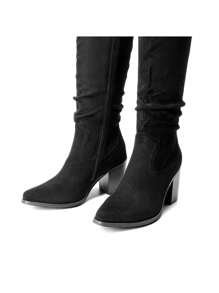 Women's Knee-High Boots, Comfortable Chunky Block Heel Pointed Toe Pull On Side Zipper Suede Slouch Riding Boots - Black - View 6