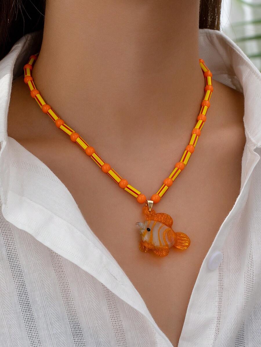 1pc Handmade Orange Glass Sea Fish Pendant Seed Bead Necklace For Women (Shape And Color May Vary) - Orange - View 1