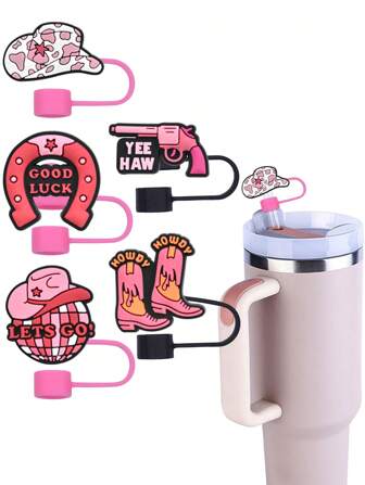 5 piezas Cubierta de silicona linda para pajita de vaso, cubierta reutilizable a prueba de polvo para pajitas, cubierta de pajita con diseño de sombrero vaquero, accesorios divertidos de pajitas con diseño de vaquera, cubierta de pajita con diseño de botas de vaca, accesorio de vaso para uso diario, viajes y fiestas de cumpleaños