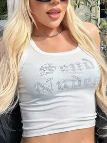 Women's Casual Rhinestone Letter Graphic Tank Top, Summer - White - View 6
