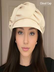 Elegant Monochrome Wrinkled Berberine Hat For Small Face Display With Metallic Brim And Decorative Label For Women Painters - 米色 - 查看 1
