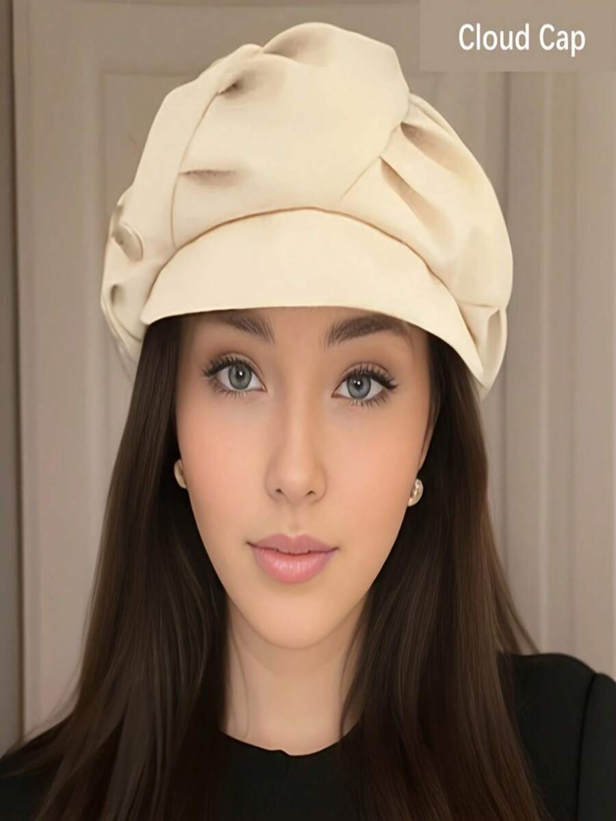 Elegant Monochrome Wrinkled Berberine Hat For Small Face Display With Metallic Brim And Decorative Label For Women Painters - 米色 - 查看 1