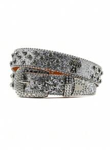 Y2K Rhinestone Cross Decor Wide Belt, Unisex Punk Rock Studded Rhinestone Hiphop Fashion Waistbelt