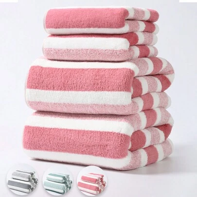1件/2件/8件装简约宽条纹珊瑚绒柔软吸水不掉毛（轻薄）方便零售/礼品浴室套装，成人情侣浴巾，面巾，浴巾，尺寸34*34、70*140或34*75、90*170，适合返校季、美容院、家庭浴室、酒店、运动、家居用品、毛巾、护肤品