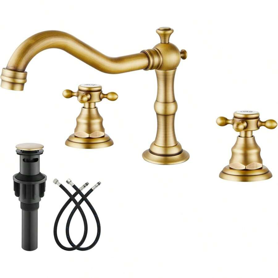 8 Inch Widespread Bathroom Sink Faucet 2 Cross Handles 3 Hole Bathroom Vanity Faucet Deck Mount Basin Mixer Tap With Pop Up Drain With Overflow Antique Brass - 1 - Xem 1