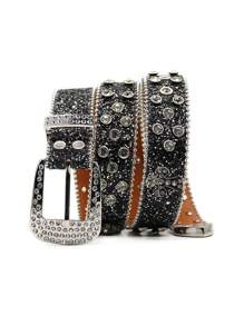 Y2K Rhinestone Cross Decor Wide Belt, Unisex Punk Rock Studded Rhinestone Hiphop Fashion Waistbelt