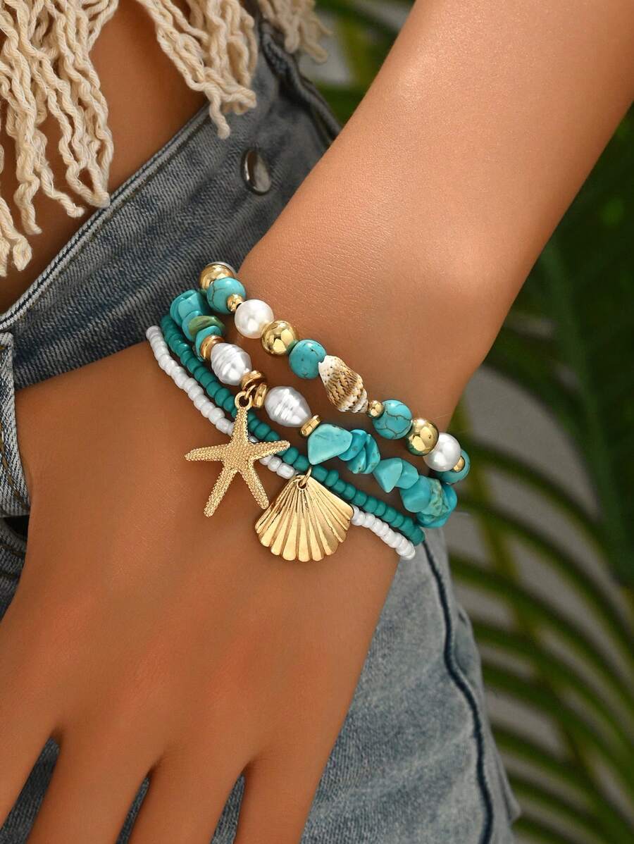 3pcs/Set Islandy Turquoise Natural Seashell Beaded Bracelet With Metal Starfish & Shell Pendant, Suitable For Women Daily Use And Beach Party