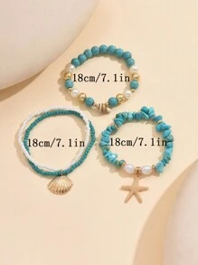 3pcs/Set Islandy Turquoise Natural Seashell Beaded Bracelet With Metal Starfish & Shell Pendant, Suitable For Women Daily Use And Beach Party