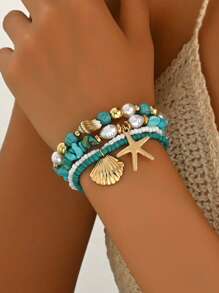 3pcs/Set Islandy Turquoise Natural Seashell Beaded Bracelet With Metal Starfish & Shell Pendant, Suitable For Women Daily Use And Beach Party