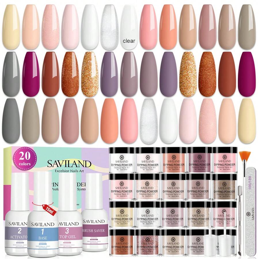 Saviland 29 Pcs Dip Powder Nail Kit - 20 Colors Clear White Nude Dip Powder Set Dipping Powder System Liquid Set With Base & Top Coat Activator Brush Saver For Nail Art Design, French Nail Manicure