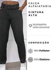 Calça Reta Feminina Alfaiataria com Bolso Social e Casual com Cinto - Caqui - Visão 4