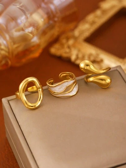 Set de 3 anillos con forma de gota de agua hueca de acero inoxidable brillante, accesorios de joyería de moda adecuados para el uso diario de las mujeres