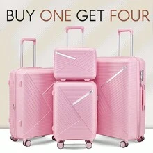 Luggage Sets Four Piece Expandable Lightweight Sturdy Suitcase Sets 360° Spinner Wheels Suitcase PP Materials Sturdy With TSA Lock (14 20 24 28 Inch) - 粉色 - 查看 1