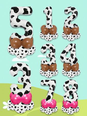 9 件/套 0-9 数字 40 英寸（约 101 厘米）大号奶牛印花数字气球装饰套装，气球底座为蓝色、红色、洋红色、粉色、咖啡色、黑色和白色奶牛印花，适用于生日庆祝，西部牛仔主题派对装饰
