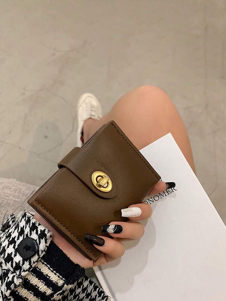 1 pieza Bolso de recogida minimalista y compacto de estilo retro de PU para mujeres, hebilla de bloqueo multiusos de estudiante negro y marrón, monedero, cartera corta de mano. Para decoración de otoño en el hogar - Multicolor - Añade 11