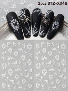 FULL BEAUTY 怪异黑白蜘蛛万圣节指甲暗色心形蜘蛛网蝙蝠美甲贴纸星月 Y2K 涂鸦卡通可爱滑块设计指甲贴花万圣节派对 DIY 饰品装饰指甲用品 - 黑與白 - 查看 12