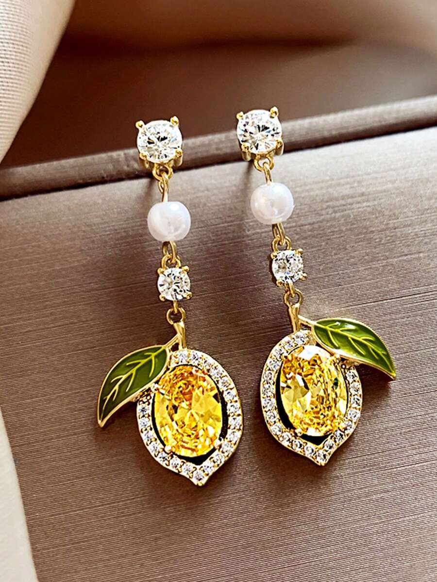 MESTILO 1 对时尚人造珍珠水果柠檬吊坠耳环，适合女性日常和节日佩戴