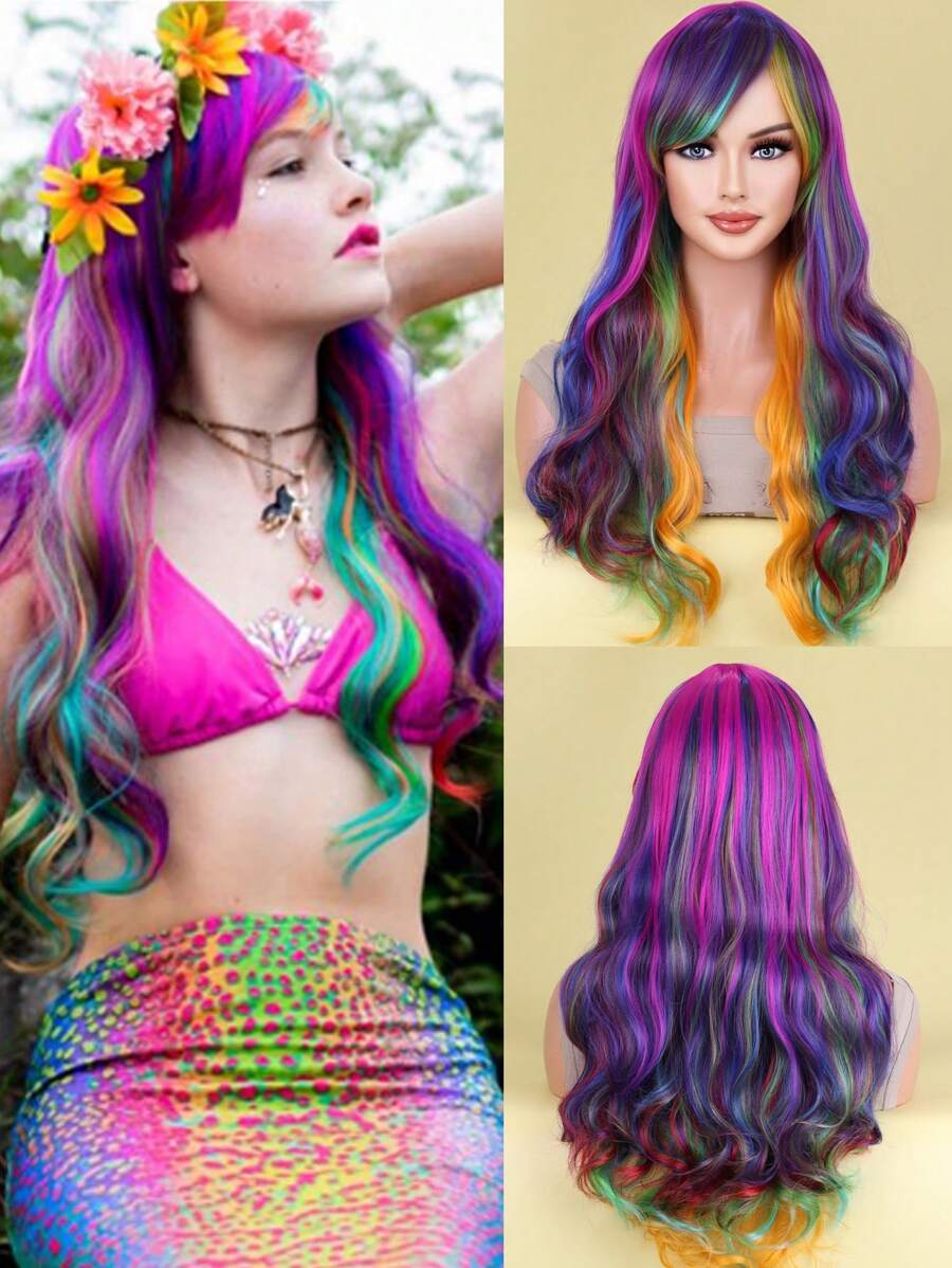 Tóc giả dài ombre, tóc giả dài gợn sóng màu cầu vồng, trang phục cosplay, dự tiệc, Halloween. - Ombre - Xem 1