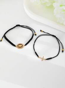 2pcs Set Of Handmade Woven Bracelets With Rhinestone Cross And Virgin Mary Charm, Suitable For Daily Wear And  Occasions - Multicolor - View 9