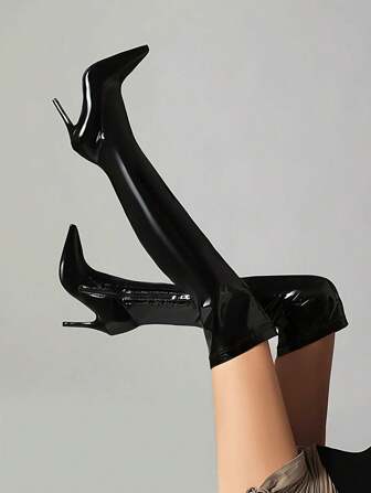 女士纯色时尚过膝靴，侧拉链休闲细高跟尖头弹力修身靴