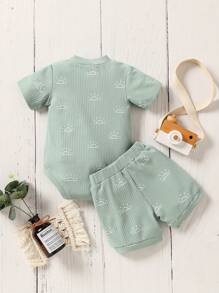 2pcs Infant Boys' Summer Ribbed Print Short Sleeve Bodysuit Set, Comfy & Stylish - Green - View 2
