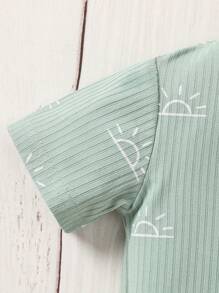 2pcs Infant Boys' Summer Ribbed Print Short Sleeve Bodysuit Set, Comfy & Stylish - Green - View 4