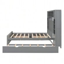 DlandHome 94'' Wood Bed, Solid Wood Bed With Multi-Functional Cabinets, Sockets, 4 Large Capacity Drawers Under The Bed, Full Storage Space