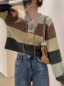 Women Striped Long Sleeve Drop Shoulder Short Knit Top - Mint Green - View 3