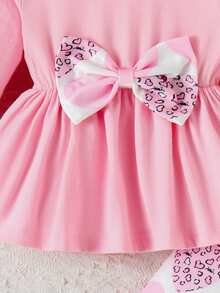 Baby Girl Ruffle Hem Top With Bow Decoration Long Sleeve And Pink Heart Print Pants Set - Pink - View 5
