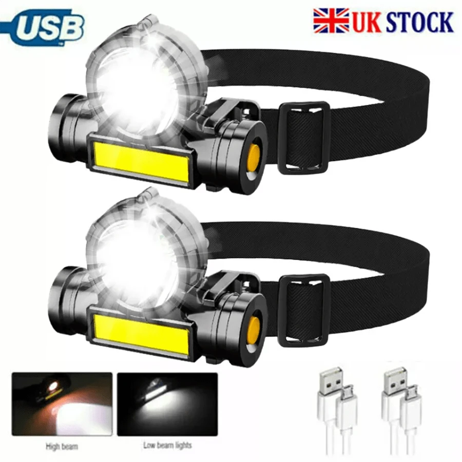 2 PCS Head Torch USB Rechargeable Super Bright LED COB Headlamp Flashlight UK - White Light - View 1