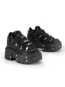 Fashion Women's Flat Platform Ankle Boots Black Punk Style High Heels Round Toe Thick Sole Rock Booties Metal Decor Y2k Gothic Halloween Sports Shoes Shorts - 黑色 - 查看 10