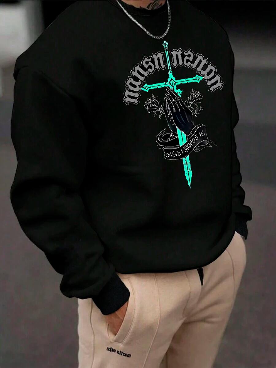 Men's Sweatshirt Round Neck Holy Sword Premium Cold Blouse Cotton Coat - màu đen - Xem 1