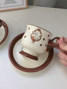 1set Polka Dot Rabbit Ceramic Coffee Cup & Saucer, Cute Cartoon Cup And Saucer Set For Restaurant, Living Room, Cafe, Party - A Set Of Polka Dot Rabbit Cups and Saucers - View 6