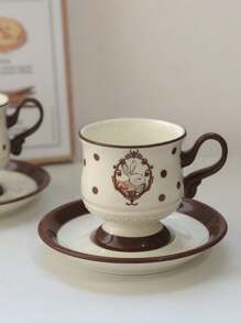 1set Polka Dot Rabbit Ceramic Coffee Cup & Saucer, Cute Cartoon Cup And Saucer Set For Restaurant, Living Room, Cafe, Party - A Set Of Polka Dot Rabbit Cups and Saucers - View 1