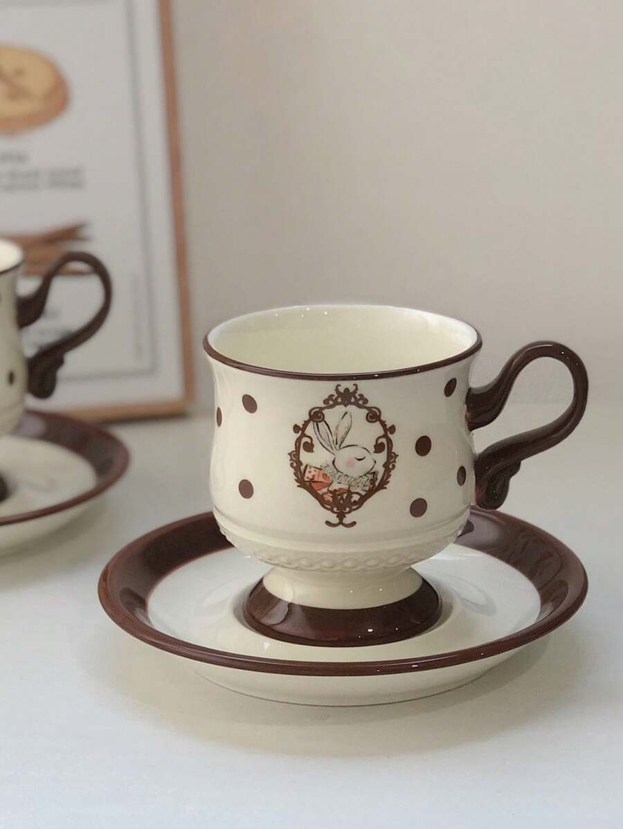 1set Polka Dot Rabbit Ceramic Coffee Cup & Saucer, Cute Cartoon Cup And Saucer Set For Restaurant, Living Room, Cafe, Party - A Set Of Polka Dot Rabbit Cups and Saucers - View 1