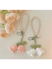 1pc Handmade White/Pink Woven Flower Backpack/Bookbag/Purse Pendant, Faux Pearl Decorated Bracelet / Keychain / Keyring, Crochet Flower Trinket In Summer Keychain Charms Lanyard For Keys Keychain Wristlet Gifts For Women Valentines