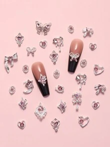 10pcs Assorted Alloy Bowknot, Heart, Moon Shape Rhinestone Nail Art Decorations