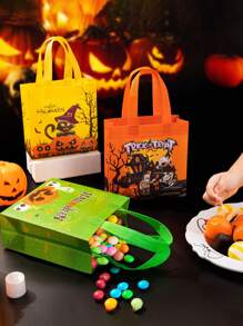 4 piezas - Bolsas de dulces para Halloween, bolsas de trucos o dulces, bolsas pequeñas de tela no tejida con asas para Halloween, bolsas de Halloween para decoración y suministros de fiesta de Halloween - Multicolor - Ver 2
