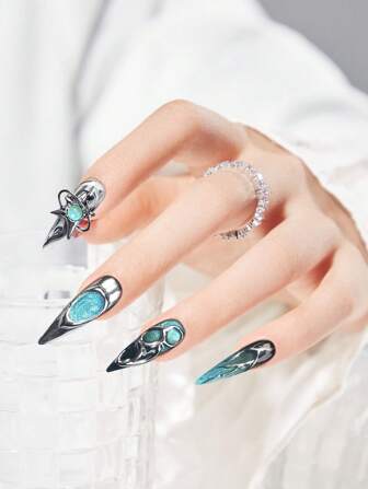 10 piezas Uñas postizas azul plateado de punta larga y flexible, de larga duración, para mujeres y niñas, para salón de uñas, uñas de presión, suministros de uñas