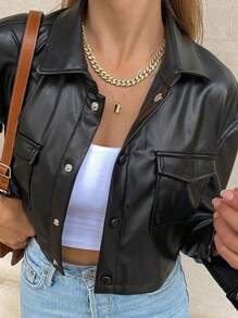 Chaqueta vintage de mujer de unicolor con bolsillos, botones y mangas largas, Cazadoras de PU para mujer - Negro - Ver 1