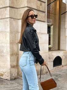 Chaqueta vintage de mujer de unicolor con bolsillos, botones y mangas largas, Cazadoras de PU para mujer - Negro - Ver 6