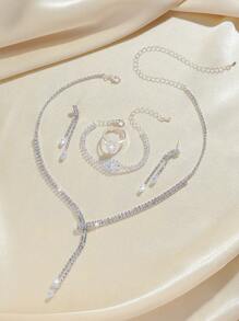 5 件套奢华水钻镶嵌项链、耳环、手链和戒指套装，适合女性日常通勤、婚礼、派对、节日礼物 - 精緻百搭項鍊套裝 - 查看 9