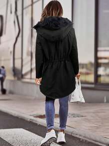 Women Winter Coat Long Sleeve Fluffy Hood Fall Button Down Long Coats Casual Fleece Linning Warm Thermal Jackets With Pockets Black - Black - View 4