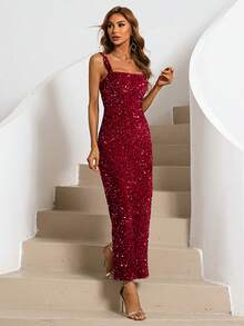 Missord 亮片方领无袖连衣裙，适合圣诞节、新年、情人节穿着。 - 紅色 - 查看 6