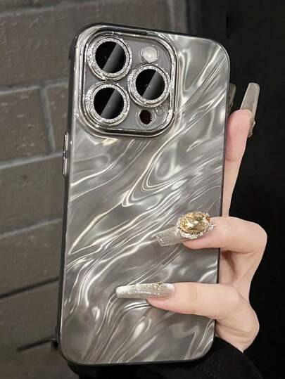 3D丝绸缎面波浪闪光黑色相机保护壳，兼容 15/14/13/11/12 Pro Max Plus，亮面玻璃膜，防震后盖，防水，防摔，防刮花