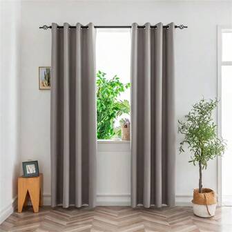 1 Pair Of Blackout Curtains With Grommets, Bedroom Room Darkening Curtains In Gray Solid Color