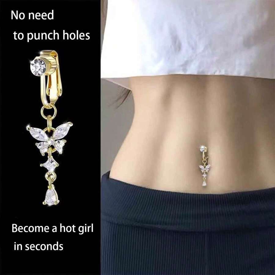 1入組閃閃發光蝴蝶肚臍夾帶方晶鋯石鑲嵌,假肚臍圓環 - 金黃色 - 查看 1