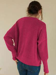 Knit Mix Áo len nữ kiểu Pháp thanh lịch, dáng rộng thoải mái, tay dài, cổ tròn, thích hợp cho mùa thu/đông, lý tưởng cho Giáng sinh, Lễ Tạ ơn, Năm mới và các ngày lễ khác, cũng như Ngày Valentine, mùa tựu trường và thời trang mùa thu. - quả mâm xôi đỏ - Xem 2