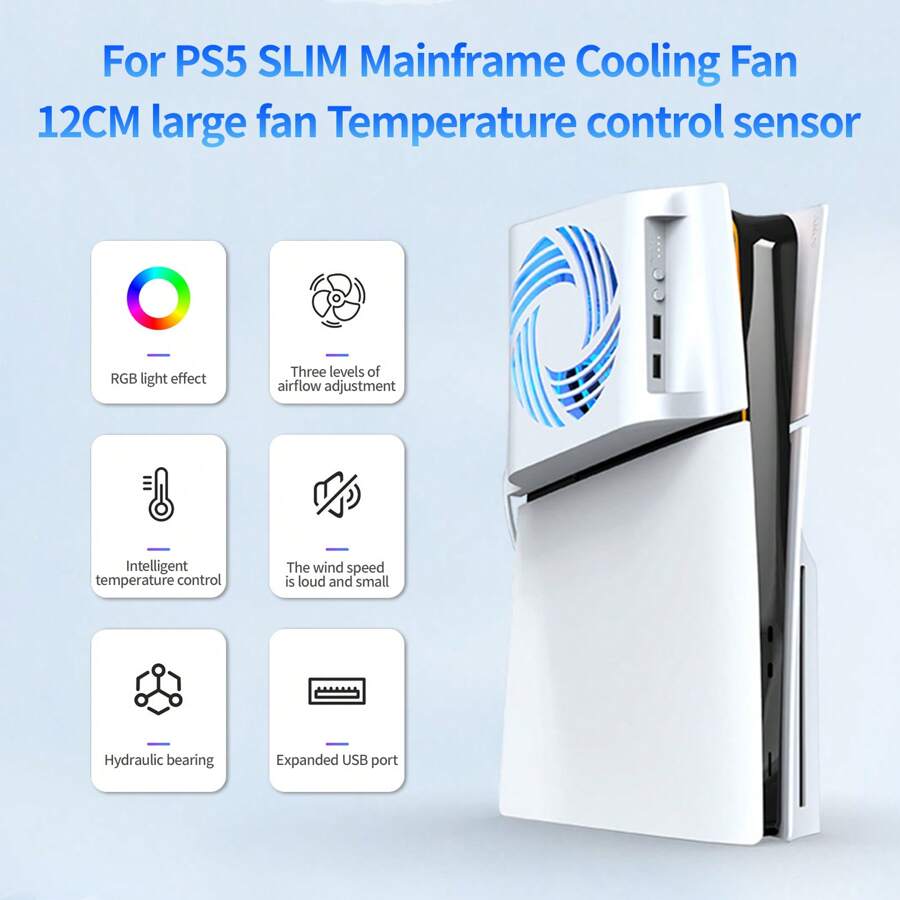 Compatible With Slim Cooling Fan For Playstation 5,Compatible With Slim Accessories With Adjustable Cooler Fan RGB LED Lights And 2 USB HUB Compatible With Slim Digital And Disc - White - View 1