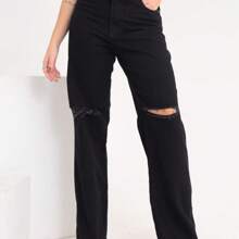 Women's Black Wide Leg Jeans Ripped At The Knee - Black - View 1